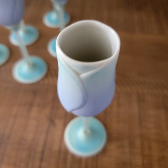 Retired Newman Ceramic Works Blue Rosebud Cordial Glasses Signed Set of 6 - Picture 3 of 10